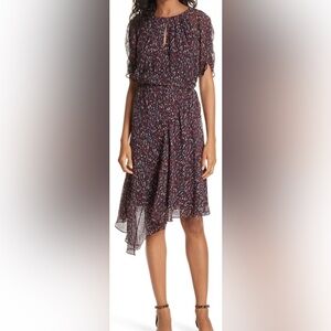 Joie 100% silk dress Nancilea asymmetric keyhole purple navy speckled party M